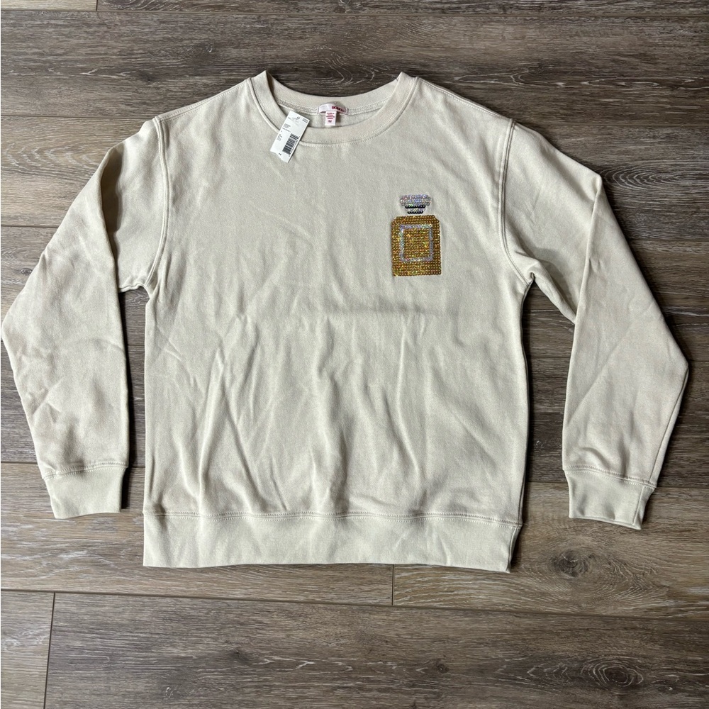 Bongo Sweatshirt Sz M Cream Crewneck Sequin Perfume Bottle Brat Comfy Casual NWT